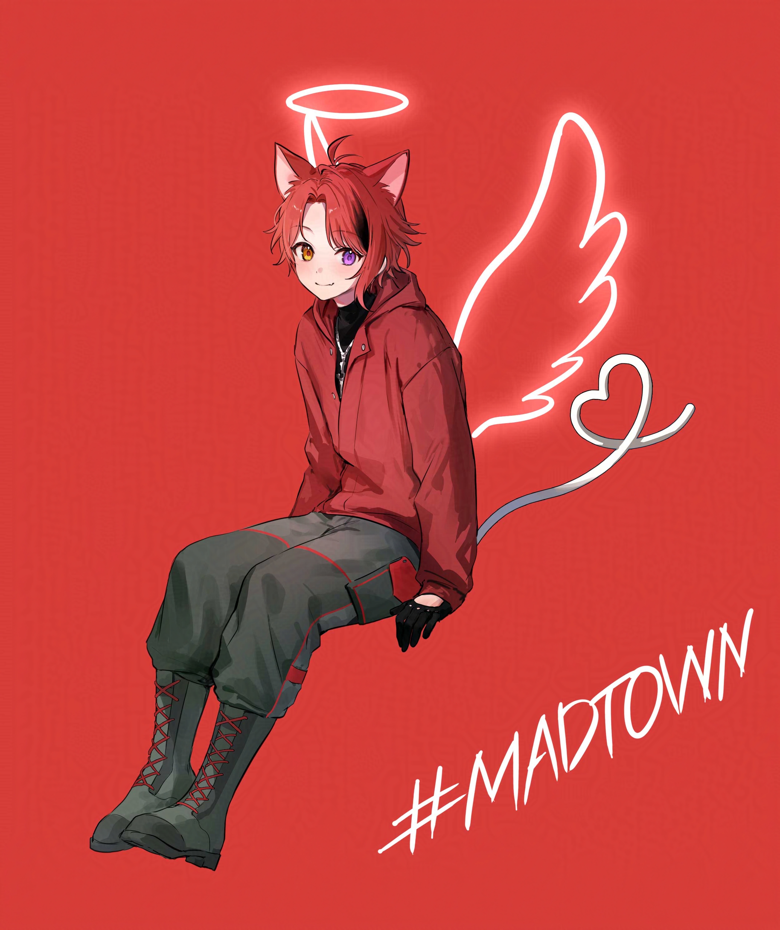 tone haruma, rinu (stpri), madtown gta, strawberry prince, absurdres, commentary request, highres, 1boy, animal ears, antenna hair, black gloves, boots, closed mouth, full body, gloves, glowing, glowing halo, glowing wings, grey boots, grey pants, halo, heart, heart tail, heterochromia, invisible chair, looking at viewer, male focus, multicolored hair, pants, pants tucked in, parted bangs, red background, red hair, short hair, simple background, single wing, sitting, smile, solo, streaked hair, tail, wings