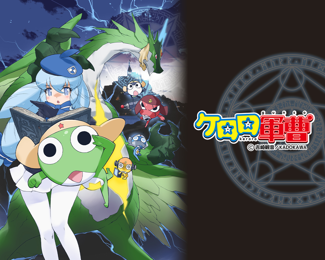 yoshizaki mine, dororo (keroro gunsou), giroro, keroro, kururu (keroro gunsou), shion (keroro gunsou), tamama, keroro gunsou, official art, official wallpaper, belt, black eyes, blue eyes, blue hair, blue hat, book, bow, bowtie, copyright name, dragon, frog, glasses, gloves, hat, headphones, long hair, looking at viewer, mask, mouth mask, ninja mask, pantyhose, skirt, star (symbol), weapon