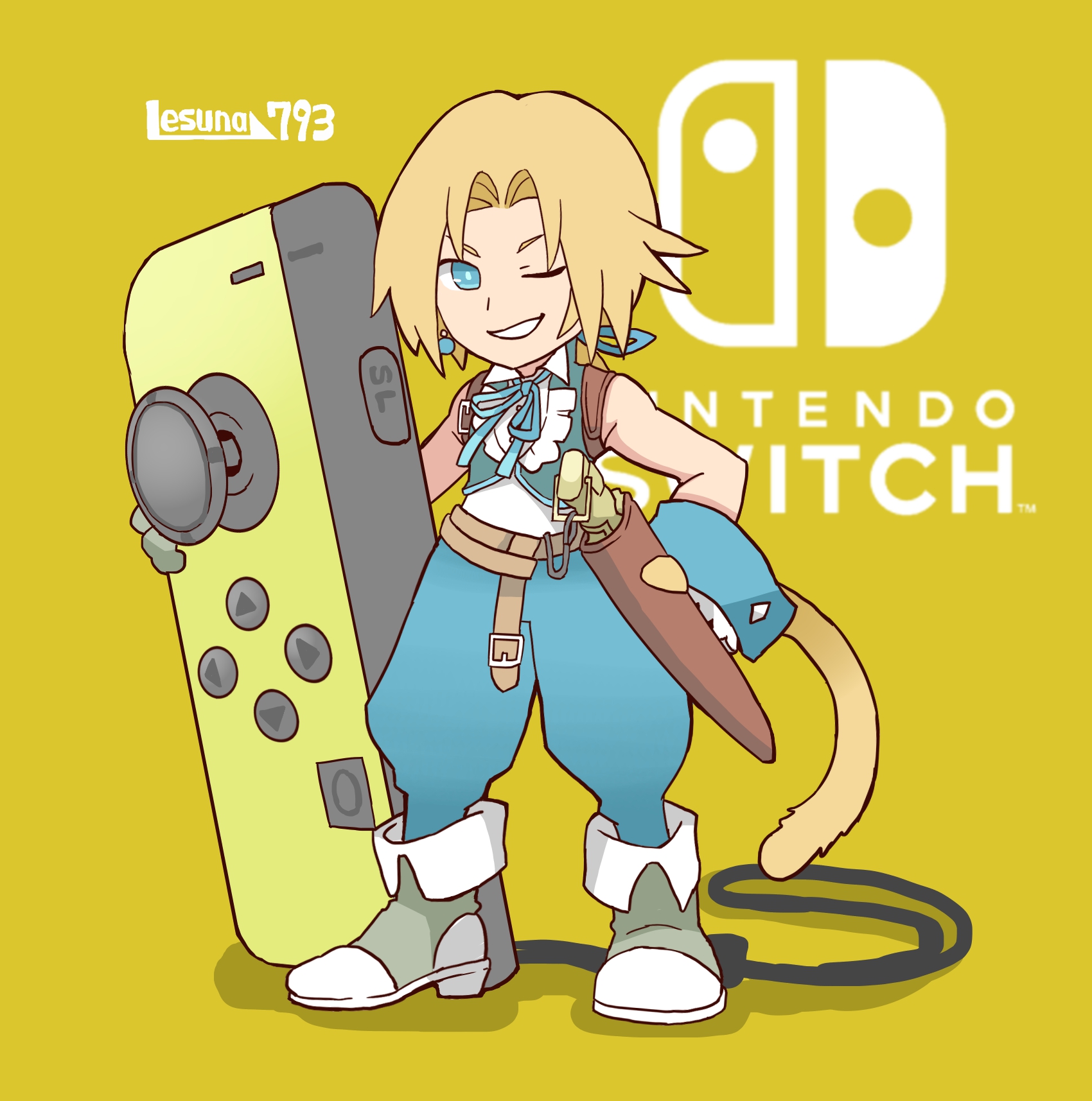 lesuna, zidane tribal, final fantasy, final fantasy ix, highres, 1boy, artist name, bare shoulders, belt, blonde hair, blue eyes, blue pants, blue ribbon, blue wrist cuffs, boots, brown belt, cat tail, chibi, chibi only, controller, cropped vest, earrings, full body, game controller, gloves, green vest, grey boots, grey gloves, hair ribbon, hand on own hip, jewelry, joy-con, looking at viewer, male focus, neck ribbon, nintendo switch, one eye closed, pants, parted bangs, parted lips, ribbon, shirt, sleeveless, sleeveless shirt, smile, solo, standing, tail, teeth, vest, white shirt, wrist cuffs, yellow background