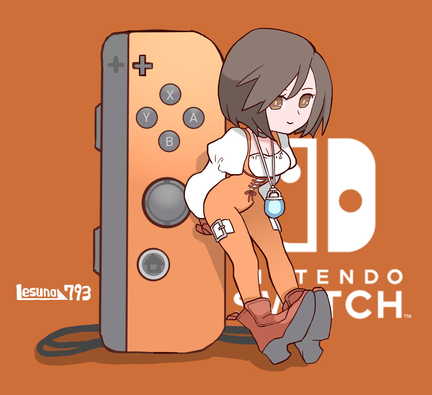 lesuna, garnet til alexandros xvii, final fantasy, final fantasy ix, highres, 1girl, arms behind back, artist name, bodysuit, boots, breasts, brown eyes, brown hair, chibi, choker, cleavage, closed mouth, controller, crystal, full body, game controller, gloves, grey choker, jewelry, joy-con, juliet sleeves, leaning forward, light smile, long sleeves, medium breasts, nintendo switch, orange background, orange bodysuit, pendant, puffy sleeves, red boots, red gloves, shirt, short hair, solo, thigh strap, white shirt