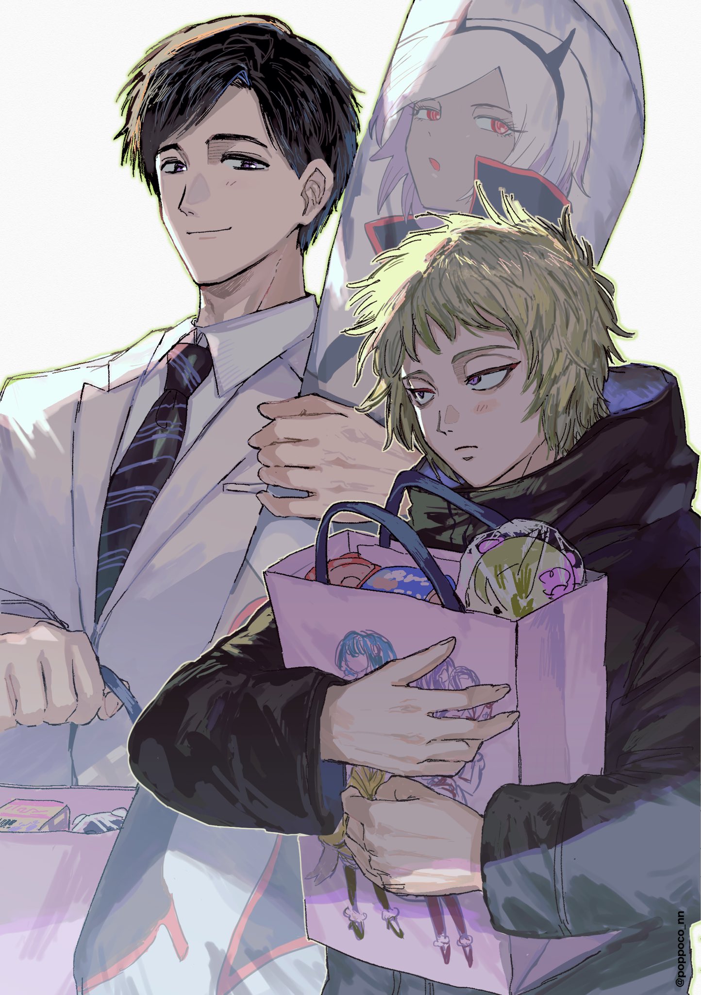 poppoco nn, kimura kiwami, tanaka shinoha, ninja to gokudou, highres, 2boys, bag, black hair, black hoodie, blonde hair, business suit, closed mouth, dakimakura (object), formal clothes, height difference, holding, holding bag, hood, hoodie, long sleeves, male focus, multiple boys, necktie, pillow, short hair, suit, upper body