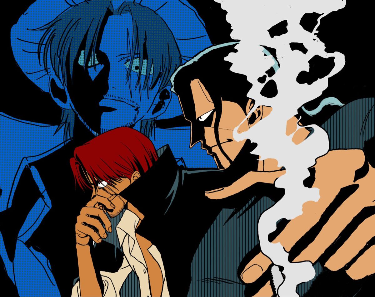 keppon, benn beckman, shanks (one piece), one piece, commentary, english commentary, third-party source, 2boys, beard stubble, black cape, black eyes, black hair, black shirt, cape, closed mouth, facial hair, from side, hair over one eye, hat, long hair, low ponytail, male focus, multiple boys, mustache stubble, open clothes, ponytail, red hair, scar, scar across eye, scar on face, shirt, smile, straw hat, stubble, white shirt