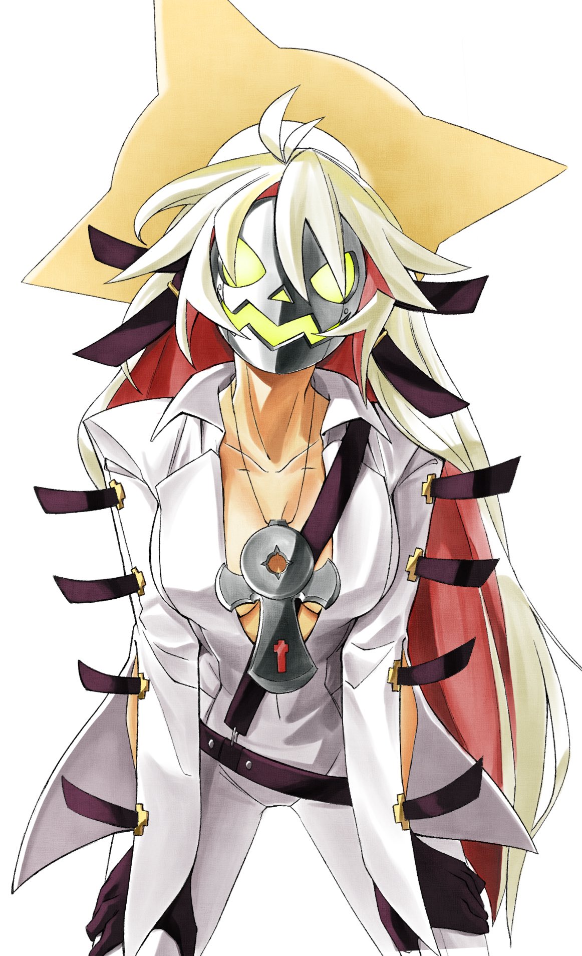 blizzardingpike, jack-o' valentine, guilty gear, guilty gear xrd, commentary, english commentary, highres, 1girl, ankh necklace, belt, black gloves, bodysuit, breasts, cleavage, collarbone, colored inner hair, cowboy shot, gloves, halo, hands on own legs, leaning forward, legs apart, long hair, long sleeves, mask, medium breasts, multicolored hair, multiple belts, plunging neckline, red hair, simple background, solo, spiked halo, two-tone hair, very long hair, white background, white bodysuit, white hair, yellow halo