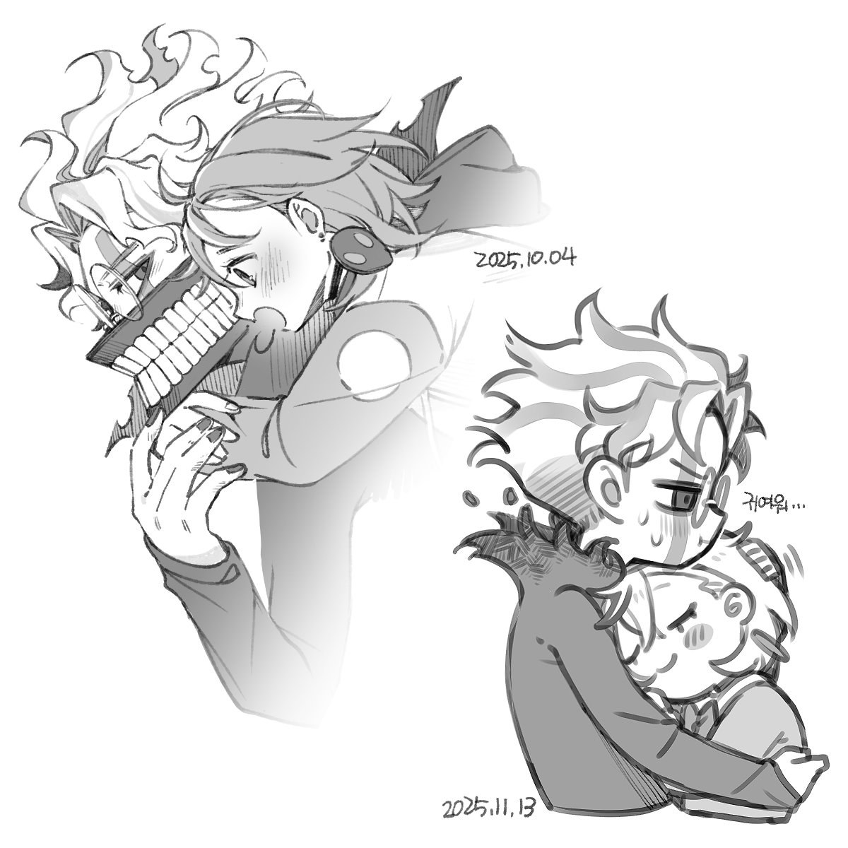 comimingming, ayase momo, takakura ken (dandadan), takakura ken (transformed) (dandadan), dandadan, commentary request, highres, korean commentary, photoshop (medium), 1boy, 1girl, arms around neck, black jacket, black nails, blush, carrying, chibi, chibi only, closed eyes, couple, cropped torso, crossed bangs, dated, earrings, facial mark, furrowed brow, glasses, greyscale, hair between eyes, hetero, hood, hood down, hug, jacket, jewelry, korean text, monochrome, multicolored hair, nail polish, open mouth, parted bangs, piggyback, round eyewear, short hair, smile, streaked hair, sweatdrop, teeth, upper body, wavy hair, white background