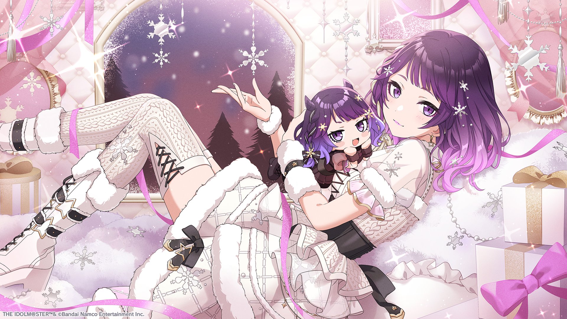 tanaka mamimi, idolmaster, idolmaster shiny colors, idolmaster shiny colors song for prism, commentary request, highres, official art, arm warmers, black ribbon, blush, boots, dress, earrings, gift, jewelry, lace, looking at viewer, purple eyes, purple hair, ribbon, snowflake ornament, snowflake print, star (symbol), star earrings, thighhighs, tree, white boots, white dress, window, winter