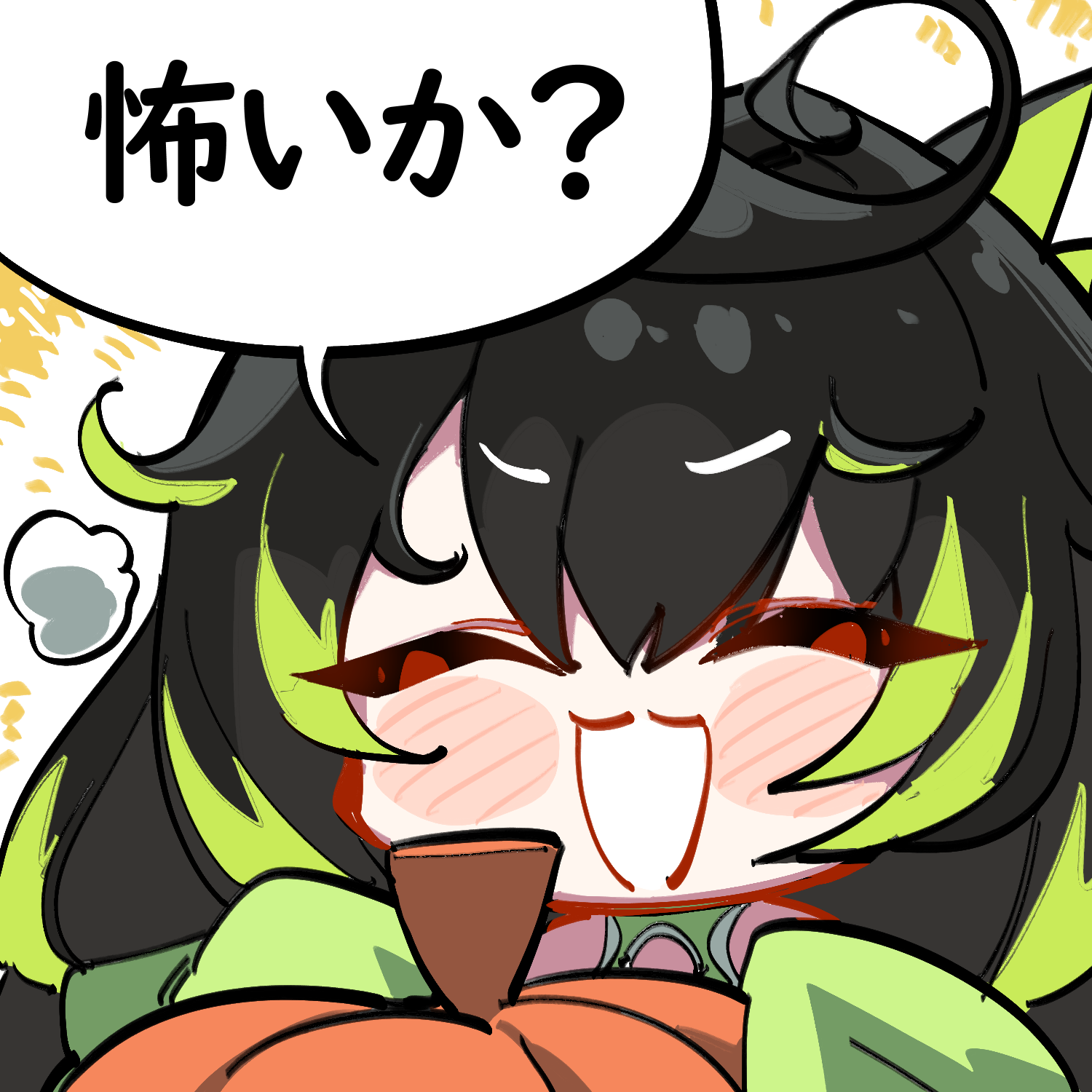 kinbakuman, mon3tr (arknights), arknights, commentary request, highres, 1girl, :d, ^ ^, black hair, blush stickers, chibi, closed eyes, facing viewer, food, green hair, green sleeves, holding, holding food, long hair, multicolored hair, open mouth, pumpkin, sleeves past fingers, sleeves past wrists, smile, solo, streaked hair, upper body