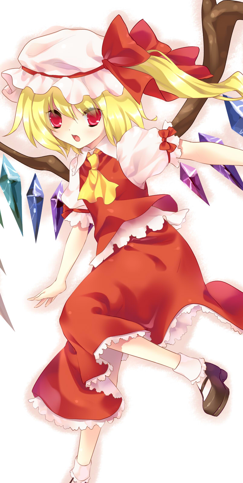 tokira nozumi, flandre scarlet, embodiment of scarlet devil, touhou, bad id, bad pixiv id, highres, 1girl, blonde hair, female focus, gradient background, hat, mary janes, ponytail, red eyes, shoes, short hair, side ponytail, solo, wings