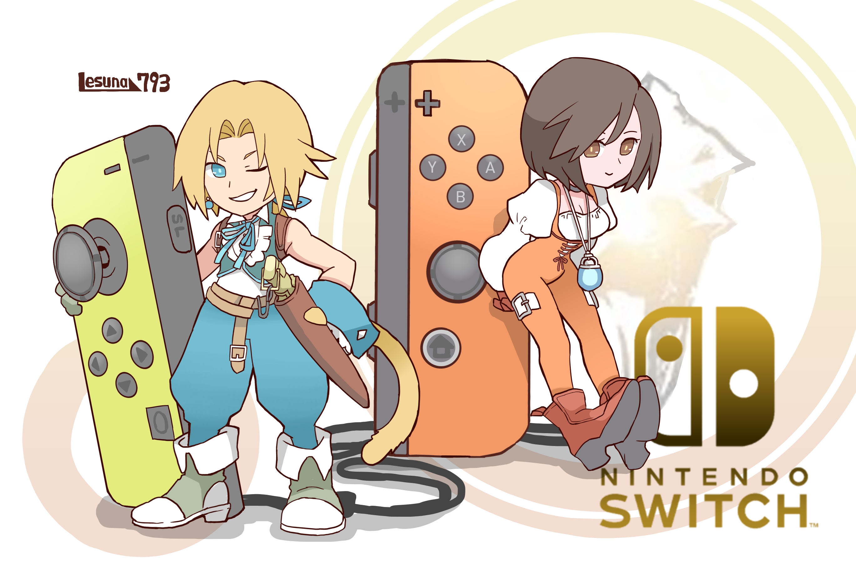 lesuna, garnet til alexandros xvii, zidane tribal, final fantasy, final fantasy ix, highres, 1boy, 1girl, arms behind back, artist name, bare shoulders, belt, blonde hair, blue eyes, blue pants, blue ribbon, blue wrist cuffs, bodysuit, boots, breasts, brown belt, brown eyes, brown hair, cat tail, chibi, chibi only, choker, cleavage, closed mouth, controller, cropped vest, crystal, earrings, full body, game controller, gloves, green vest, grey boots, grey choker, grey gloves, hair ribbon, hand on own hip, jewelry, joy-con, juliet sleeves, leaning forward, light smile, long sleeves, looking at viewer, male focus, medium breasts, neck ribbon, nintendo switch, one eye closed, orange bodysuit, pants, parted bangs, parted lips, pendant, puffy sleeves, red boots, red gloves, ribbon, shirt, short hair, sleeveless, sleeveless shirt, smile, solo, standing, tail, teeth, thigh strap, vest, white background, white shirt, wrist cuffs