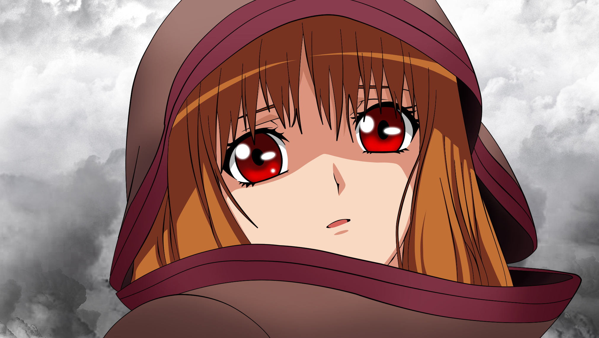 magenta-anbu, holo, spice and wolf, derivative work, highres, vector trace, 00s, red eyes, solo