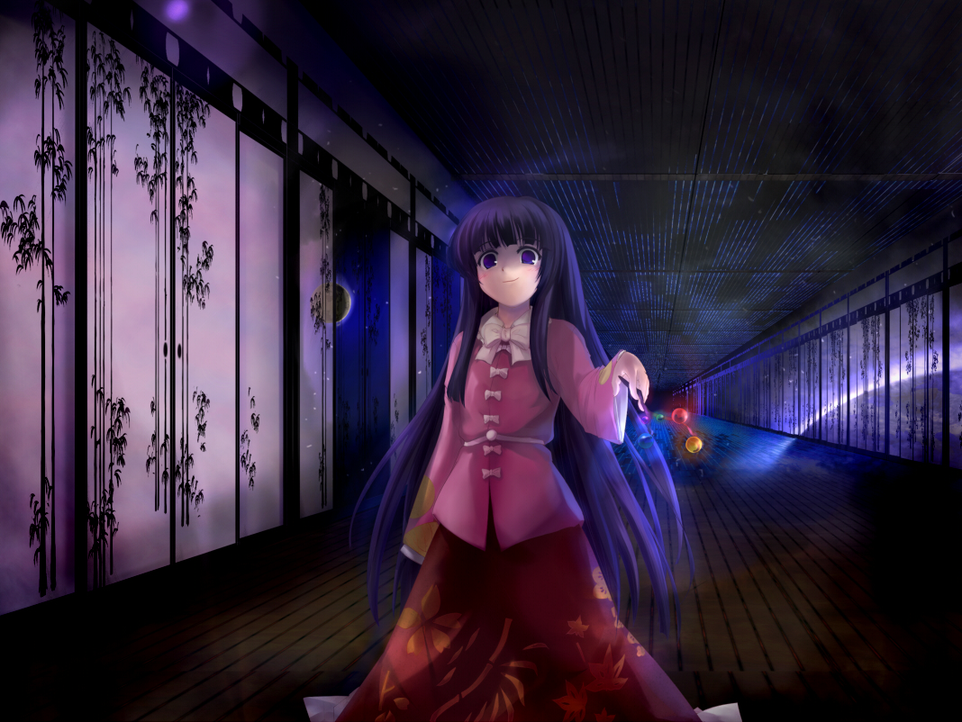 kurosukey, houraisan kaguya, touhou, 1girl, black hair, blue eyes, blunt bangs, branch, ceiling, eientei, female focus, glowing, hallway, indoors, japanese clothes, jeweled branch of hourai, long hair, long skirt, night, nose, skirt, smirk, solo, space, very long hair