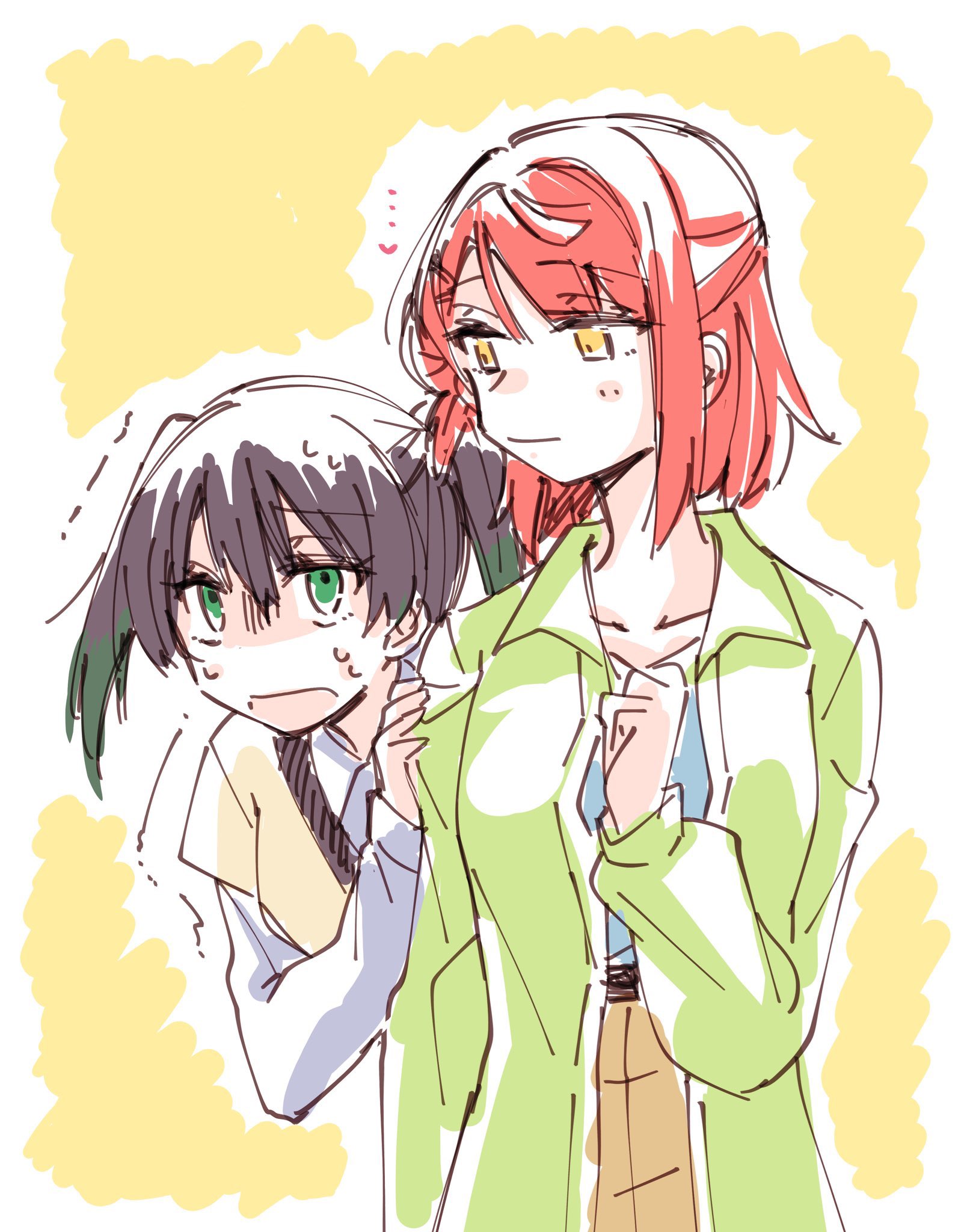 kaya rio, takasaki yu, uehara ayumu, love live!, love live! nijigasaki high school idol club, commentary request, highres, …, 2girls, black hair, blue shirt, brown skirt, coat, collared coat, collared shirt, colored tips, green coat, green eyes, green hair, half updo, heart, hiding, hiding behind another, long sleeves, looking at another, medium hair, multicolored hair, multiple girls, nervous sweating, open clothes, open coat, pink hair, shirt, simple background, skirt, spoken heart, sweat, trembling, twintails, white shirt, yellow background, yellow eyes