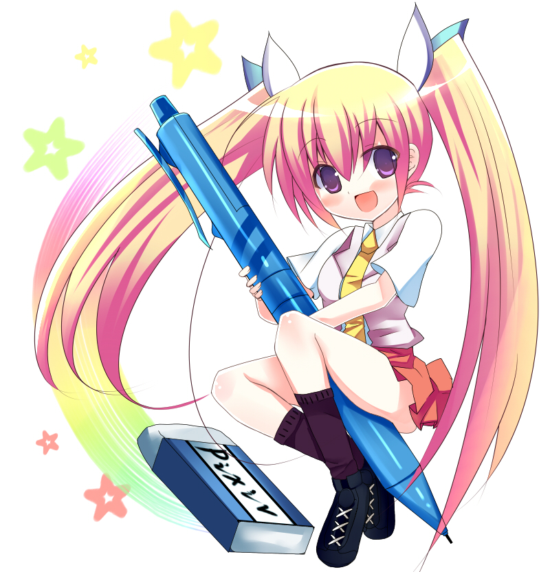 tsunono, original, pixiv, blonde hair, eraser, hair ribbon, mechanical pencil, necktie, pencil, purple eyes, ribbon, school uniform, skirt, socks, solo, twintails