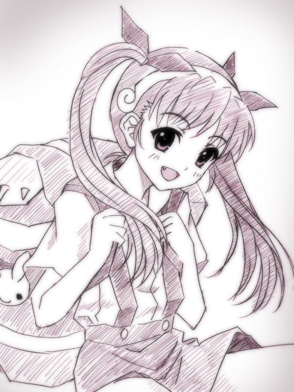 ryunnu, hachikuji mayoi, bakemonogatari, monogatari (series), 00s, 1girl, backpack, bag, fang, female focus, hair ribbon, long hair, monochrome, purple theme, randoseru, ribbon, school uniform, skirt, solo, stuffed animal, stuffed toy, twintails