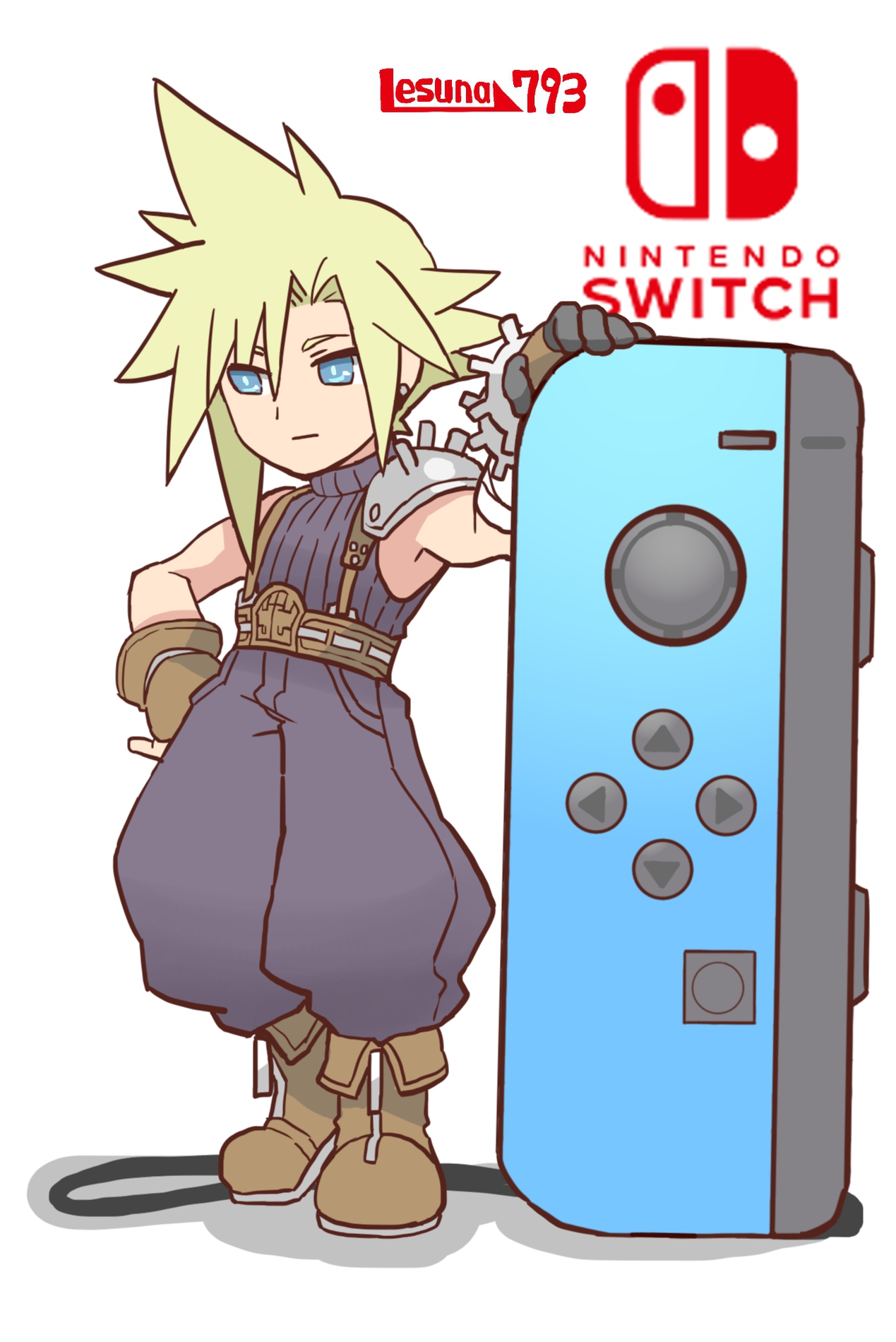 lesuna, cloud strife, final fantasy, final fantasy vii, highres, 1boy, armor, artist name, baggy pants, bandaged arm, bandages, belt, blonde hair, blue eyes, blue pants, blue shirt, boots, brown belt, brown boots, brown gloves, chibi, chibi only, closed mouth, controller, earrings, fingerless gloves, full body, game controller, gloves, hair between eyes, hand on own hip, jewelry, joy-con, male focus, nintendo switch, pants, pauldrons, shirt, short hair, shoulder armor, single bare shoulder, single earring, single pauldron, sleeveless, sleeveless turtleneck, solo, spiked hair, standing, suspenders, turtleneck, white background