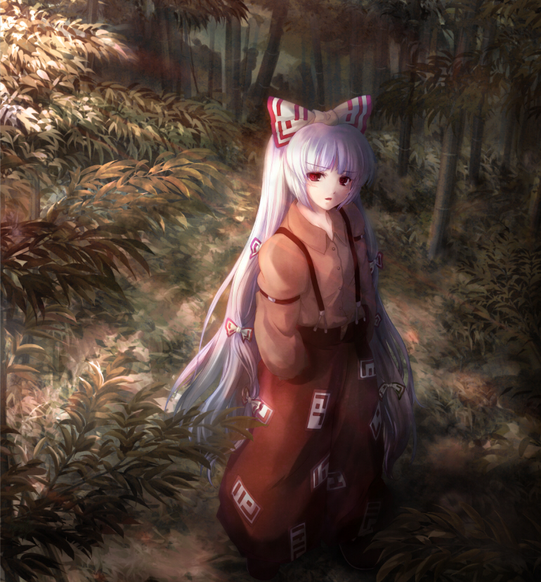 kurosukey, fujiwara no mokou, touhou, silver hair, 1girl, bamboo, bamboo forest, female focus, forest, hair ribbon, long hair, nature, red eyes, ribbon, solo, suspenders