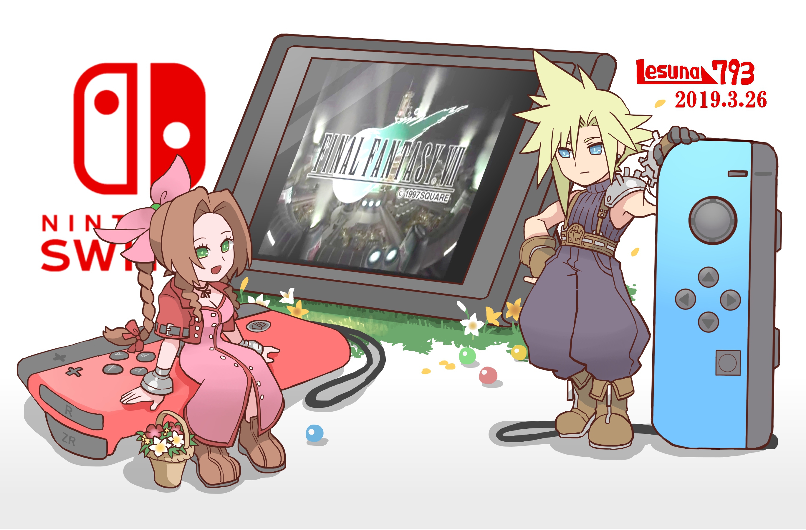 lesuna, aerith gainsborough, cloud strife, final fantasy, final fantasy vii, square enix, highres, 1997, 1boy, 1girl, armor, artist name, baggy pants, bandaged arm, bandages, bangle, belt, blonde hair, blue eyes, blue pants, blue shirt, boots, bracelet, braid, braided ponytail, breasts, brown belt, brown boots, brown gloves, brown hair, center opening, chibi, chibi only, choker, cleavage, closed mouth, controller, cropped jacket, dated, dress, earrings, fingerless gloves, flower, flower basket, full body, game controller, gloves, grass, green eyes, hair between eyes, hair bobbles, hair ornament, hair ribbon, hand on own hip, jacket, jewelry, joy-con, lily (flower), long dress, long hair, male focus, materia, medium breasts, nintendo switch, open mouth, pants, parted bangs, pauldrons, pink dress, pink ribbon, red flower, red jacket, ribbon, ribbon choker, shirt, short hair, short sleeves, shoulder armor, sidelocks, simple background, single bare shoulder, single braid, single earring, single pauldron, sitting, sleeveless, sleeveless turtleneck, smile, spiked hair, standing, suspenders, turtleneck, white background, white flower
