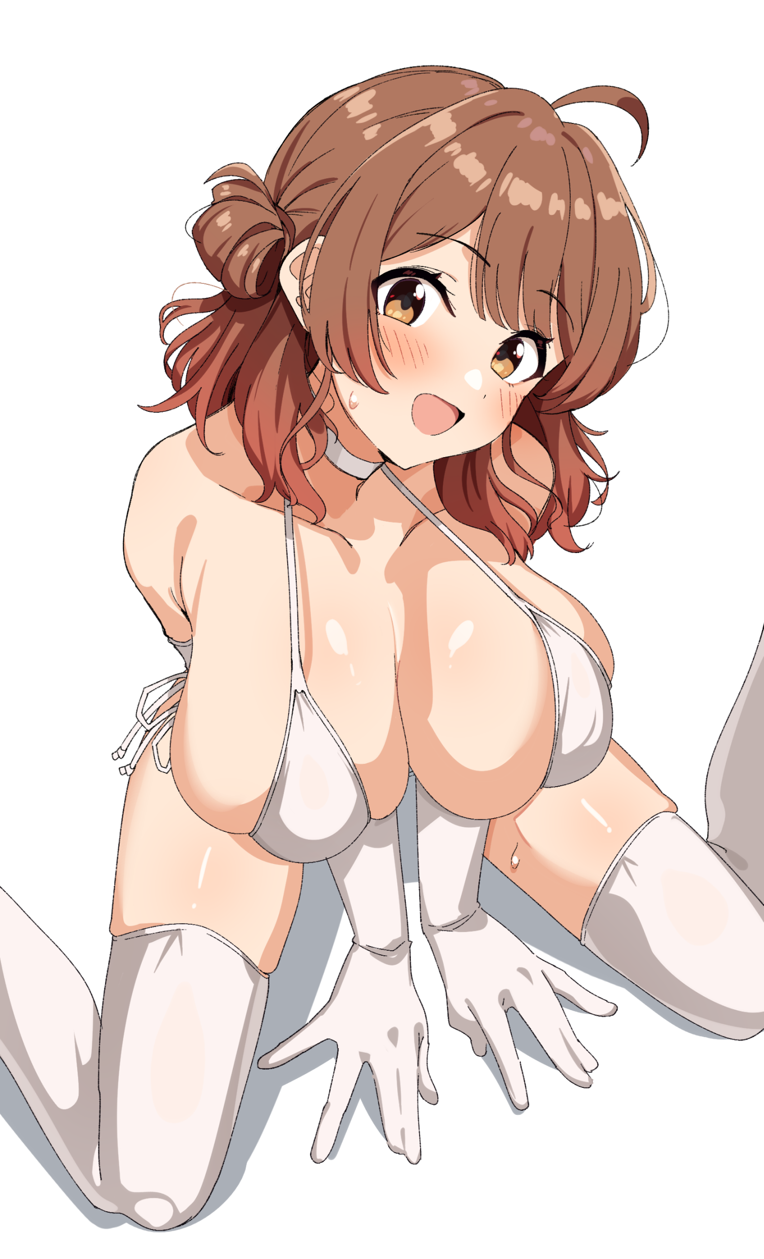 seihekiog, hanami ume, gakuen idolmaster, idolmaster, absurdres, commentary request, highres, revision, 1girl, ahoge, bare shoulders, bikini, blush, breasts, brown eyes, brown hair, choker, cleavage, collarbone, elbow gloves, gloves, gradient hair, hair rings, huge breasts, looking at viewer, medium hair, multicolored hair, open mouth, single hair ring, sitting, smile, solo, sweat, swimsuit, thighhighs, thighs, two-tone hair, wariza, white background, white bikini, white choker, white gloves, white thighhighs