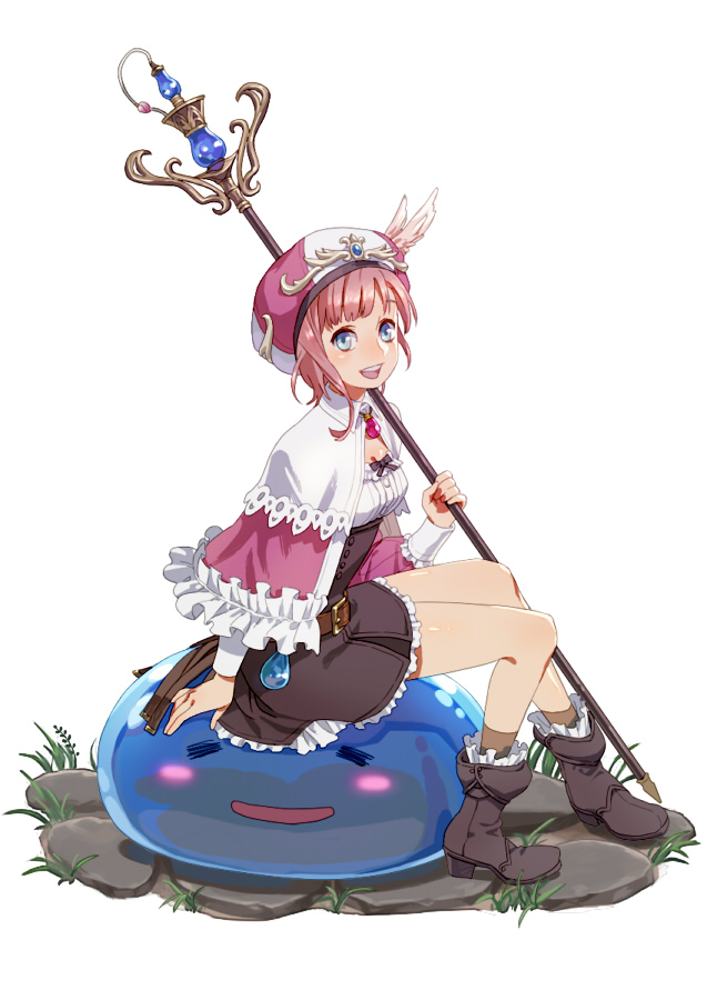 esukee, puni (atelier), rorolina frixell, atelier (series), atelier rorona, gust, original, slime, 1girl, blue eyes, boots, brown dress, dress, female focus, hat, legs, pink hair, short hair, solo focus, staff, white background