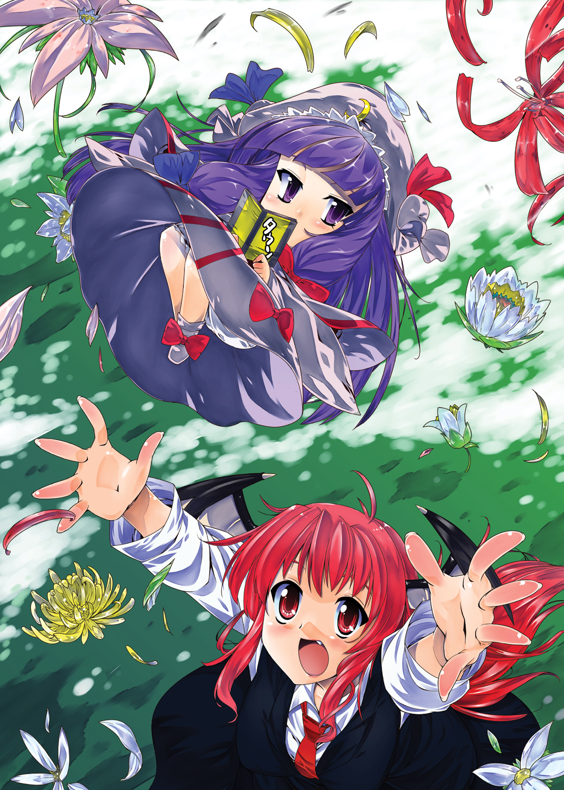 kiku hitomoji, tora tooru, toru tooru, koakuma, patchouli knowledge, embodiment of scarlet devil, touhou, highres, 2girls, bat wings, book, female focus, flower, hat, head wings, long hair, multiple girls, purple eyes, purple hair, red eyes, red hair, wings