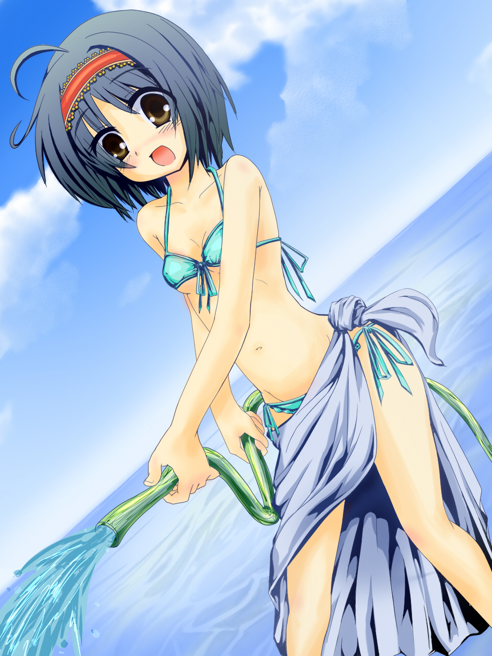 condor kouchou, original, highres, 1girl, ahoge, bikini, blue bikini, blue hair, brown eyes, day, dutch angle, female focus, hose, sarong, short hair, side-tie bikini bottom, solo, swimsuit, water