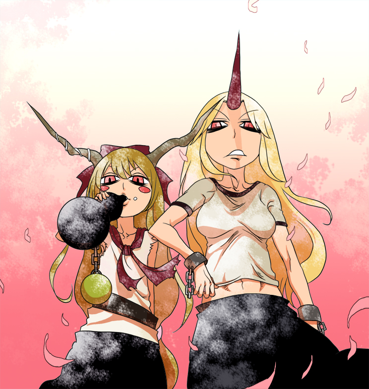 tokomichi, hoshiguma yuugi, ibuki suika, touhou, bad id, bad pixiv id, 2girls, blonde hair, brown hair, chain, drinking, female focus, horns, long hair, looking at viewer, midriff, multiple girls, red eyes, single horn
