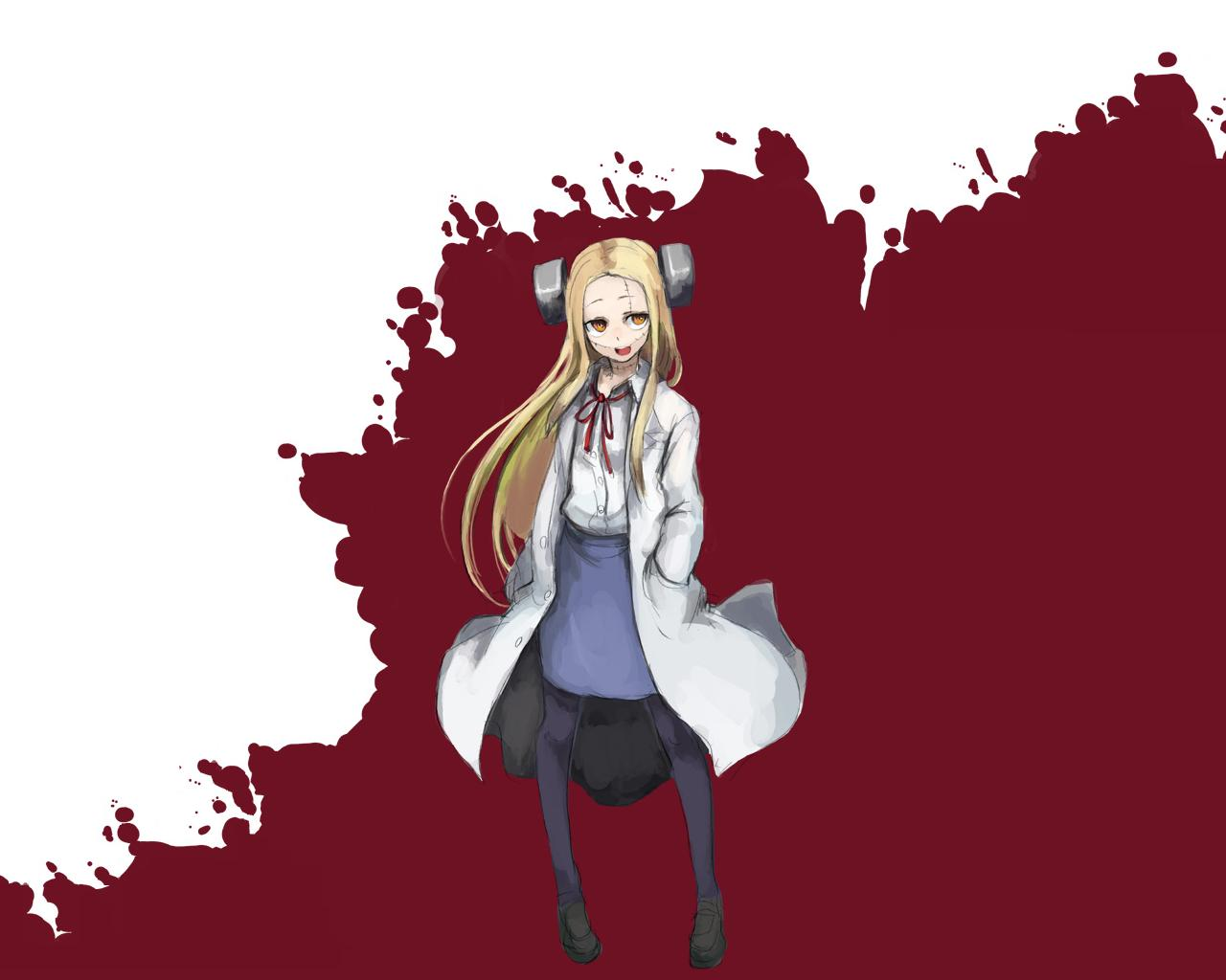 kasa (hitori sanka), madaraki fran, franken fran, blonde hair, blood, electrodes, hands in pockets, lab coat, long hair, pantyhose, scar, skirt, smile, stitches, yellow eyes