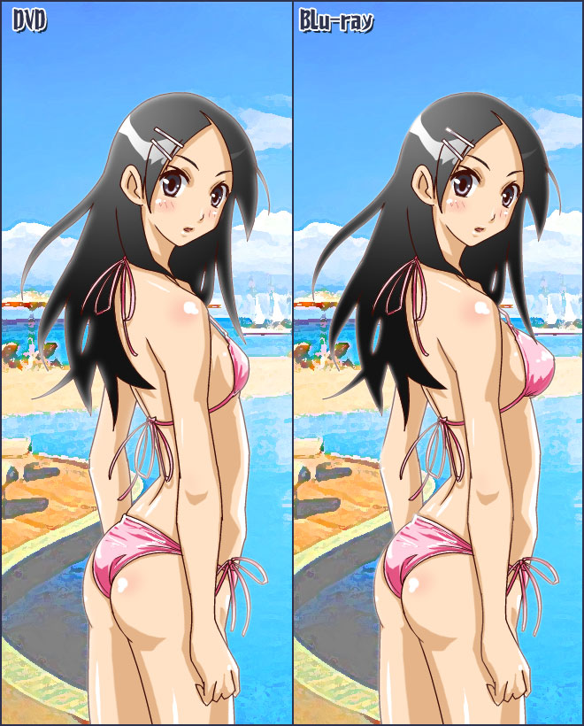 sakebuotoko, kitsu chiri, sayonara zetsubou sensei, alternate breast size, bad id, bad pixiv id, 00s, 1girl, ass, bikini, black eyes, black hair, blush, breasts, comparison, day, hair ornament, hairclip, long hair, medium breasts, parted bangs, pink bikini, pool, side-tie bikini bottom, small breasts, swimsuit