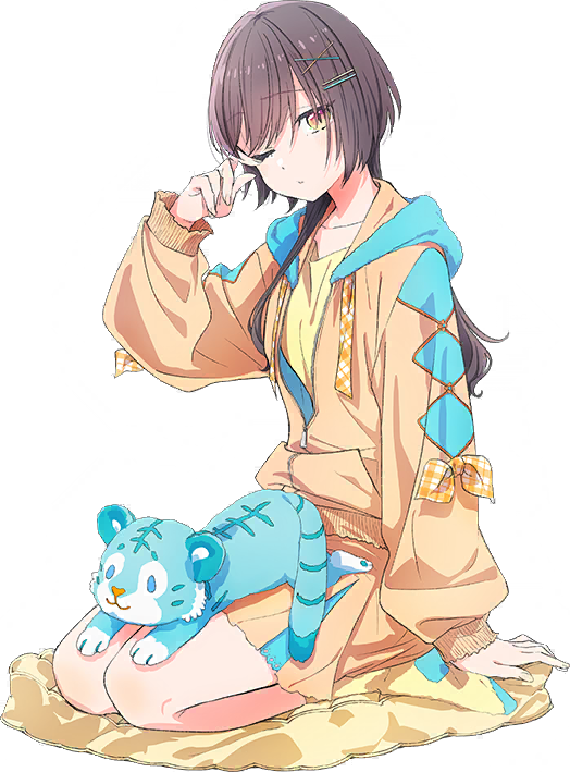 katsuragi izumi, link! like! love live!, love live!, game cg, non-web source, official art, 1girl, animal, animal on lap, black hair, collarbone, full body, hair ornament, hairclip, jacket, jellyfish cut, katsuragi izumi (birthday sleepwear), long hair, long sleeves, miniskirt, no shoes, on lap, open clothes, open jacket, orange jacket, orange skirt, parallel hairclips, partially unzipped, puffy long sleeves, puffy sleeves, rubbing eyes, seiza, shirt, simple background, sitting, skirt, sleeves past wrists, socks, solo, stuffed animal, stuffed tiger, stuffed toy, transparent background, virtual youtuber, x hair ornament, yellow shirt, yellow socks