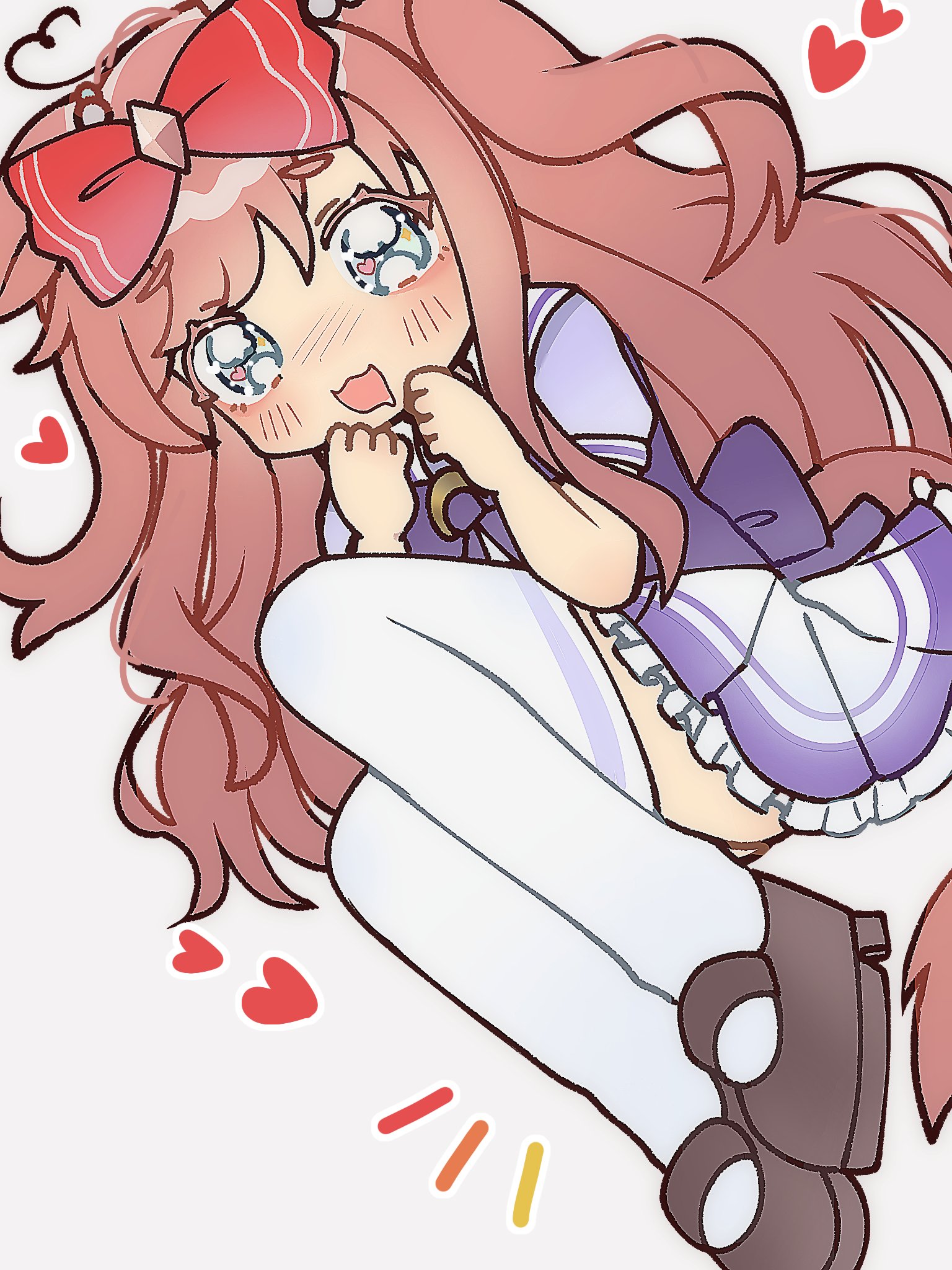 col person, agnes digital (umamusume), umamusume, commentary, english commentary, highres, 1girl, :3, :d, animal ears, black shoes, blush, bow, drooling, full body, hair bow, heart, horse ears, horse girl, horse tail, looking at viewer, mary janes, miniskirt, mouth drool, open mouth, puffy short sleeves, puffy sleeves, purple shirt, purple skirt, red bow, sailor collar, school uniform, shirt, shoes, short sleeves, skirt, smile, solo, summer uniform, tail, thighhighs, tracen school uniform, white sailor collar, white thighhighs, zettai ryouiki