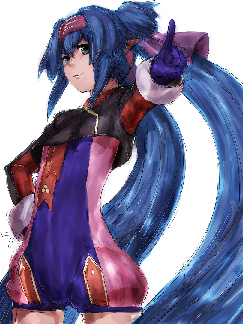 fumio (rsqkr), klan klein, meltrandi, zentradi, macross, macross frontier, 00s, 1girl, aqua eyes, blue hair, child, cowboy shot, crop top, emblem, female focus, flat chest, from side, gloves, green eyes, hair between eyes, hand on own hip, headband, klan klan, long hair, long sleeves, military, military uniform, outstretched arm, parted lips, pointing, pointy ears, quad tails, ribbon, s.m.s., sidelocks, simple background, sketch, sleeve cuffs, smile, solo, thick eyebrows, twintails, unitard, very long hair, white background