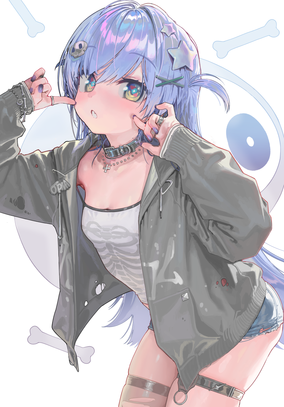 kanzarin, yano kuromu, vspo!, commentary, highres, 1girl, black collar, breasts, camisole, cleavage, collar, cross, cross necklace, denim, denim shorts, hair ornament, hands up, hood, hooded jacket, jacket, jewelry, leaning forward, long hair, looking at viewer, necklace, open clothes, open jacket, open mouth, purple hair, short shorts, shorts, single thighhigh, skeleton print, small breasts, solo, star (symbol), star hair ornament, thigh strap, thighhighs, torn clothes, torn jacket, torn shorts, torn thighhighs, two side up, very long hair, virtual youtuber, white camisole