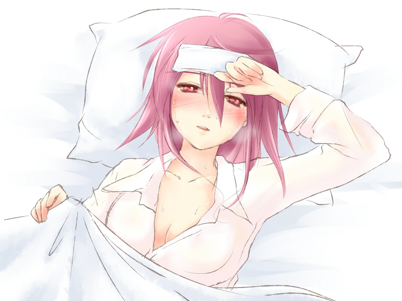 piku, wilhelmina carmel, shakugan no shana, 00s, 1girl, bed sheet, blush, breasts, cleavage, female focus, lying, open clothes, open shirt, pajamas, pillow, pink eyes, pink hair, shirt, short hair, sick, solo, sweat