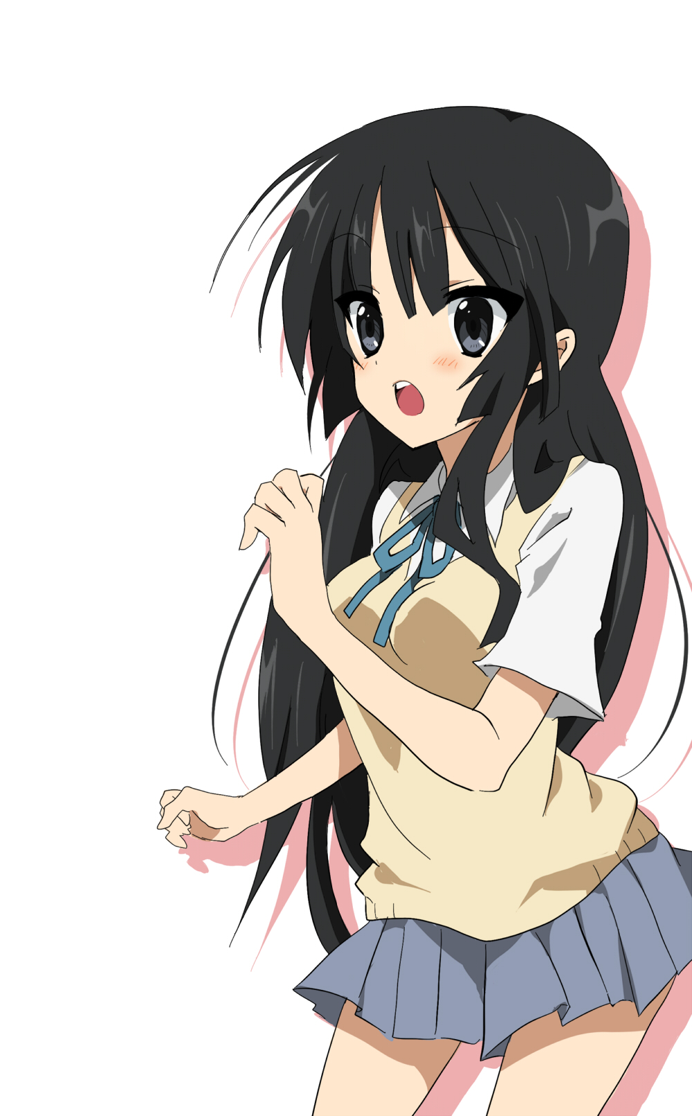 suzume (pixiv), akiyama mio, k-on!, bad id, bad pixiv id, highres, 00s, 1girl, black eyes, black hair, cowboy shot, female focus, long hair, school uniform, solo, white background