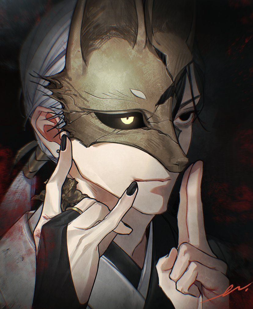 enshou (namarien), fox mask (silent hill), silent hill (series), silent hill f, 1boy, black eyes, black hair, black nails, black sclera, black sleeves, bridal gauntlets, closed mouth, colored sclera, cracked kawaii mask, fingerless gloves, fox mask, fox shadow puppet, gloves, hair between eyes, japanese clothes, long hair, low ponytail, male focus, mask, motoyui, ponytail, robe, signature, solo, upper body, white hair, white robe, yellow eyes