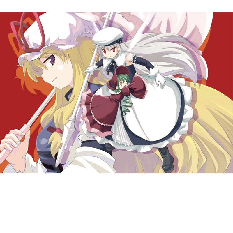 haniwa, haniwa (leaf garden), arioch (thought of dolls), maybell (thought of dolls), yakumo yukari, original, thought of dolls, touhou, 3girls, blonde hair, bonnet, dress, elbow gloves, female focus, gloves, green hair, grey hair, hat, long hair, mini person, minigirl, multiple girls, parasol, polearm, purple eyes, red eyes, spear, umbrella, weapon, yellow eyes