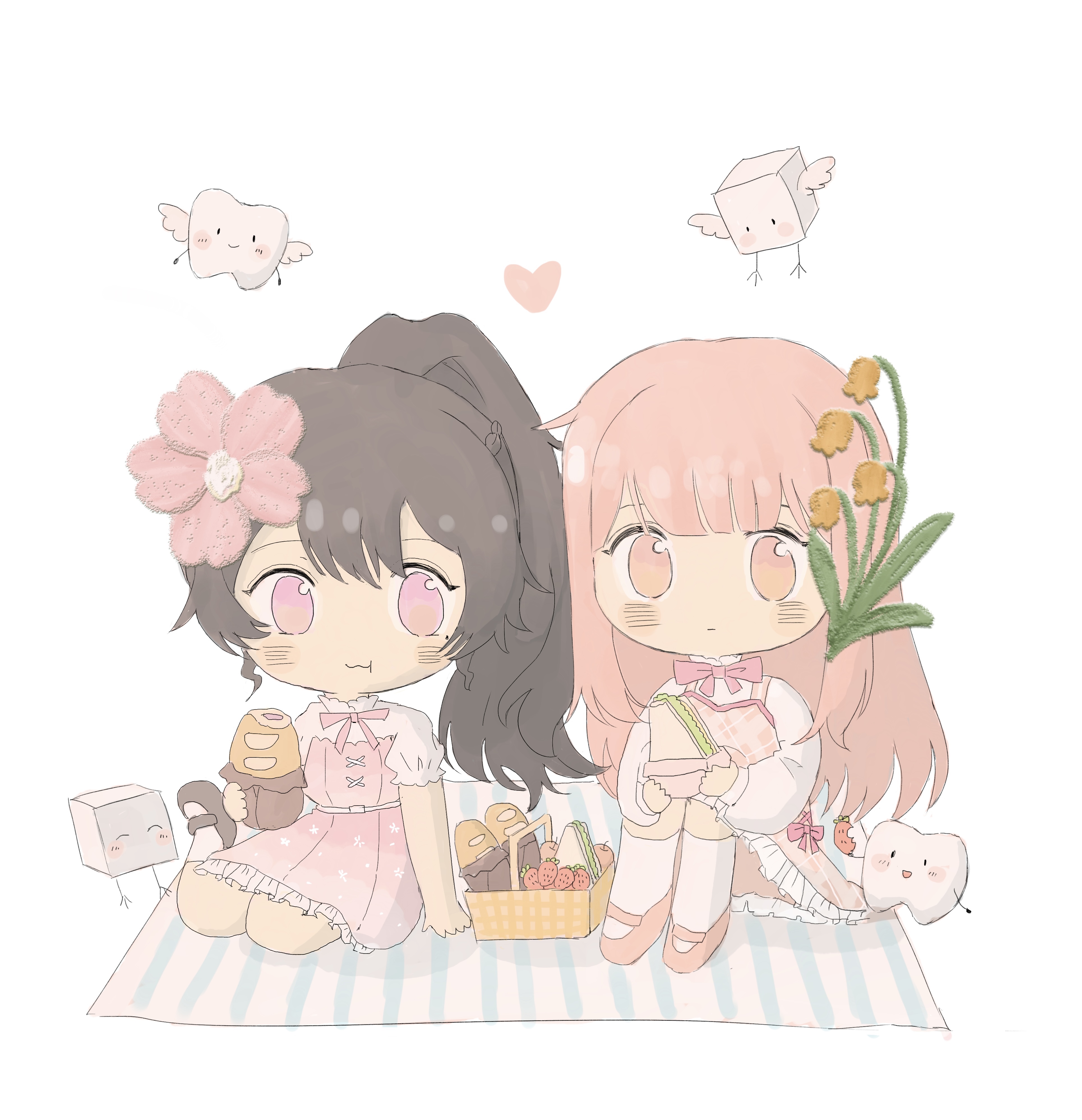 bloom poetry (shining nikki), nikki (nikki), nikki (series), shining nikki, absurdres, chinese commentary, commentary request, highres, 2girls, :t, ankle socks, baguette, bare arms, belt, belt buckle, bluebell (flower), blunt bangs, blush stickers, bow, bowtie, bread, brown eyes, brown hair, brown shoes, buckle, chibi, closed mouth, collared shirt, cross-laced clothes, cross-laced dress, dress, eating, floral print, flower, food, food wrapper, frilled dress, frilled shirt collar, frills, fruit, hair between eyes, hair flower, hair ornament, heart, high collar, high ponytail, holding, holding food, kneehighs, knees up, long hair, long sidelocks, long sleeves, mary janes, medium dress, miaoliang01075, multiple girls, picnic, picnic basket, pinafore dress, pink bow, pink bowtie, pink dress, pink eyes, pink flower, pink hair, pink shoes, plaid clothes, plaid dress, pleated dress, ponytail, print dress, puffy long sleeves, puffy short sleeves, puffy sleeves, sandwich, shirt, shoes, short sleeves, sidelocks, simple background, sitting, sleeveless, sleeveless dress, socks, strapless, strapless dress, strawberry, stylist (nikki), sugar cube, tareme, tooth, very long hair, wavy mouth, white background, white belt, white shirt, white socks, yellow flower, yokozuwari