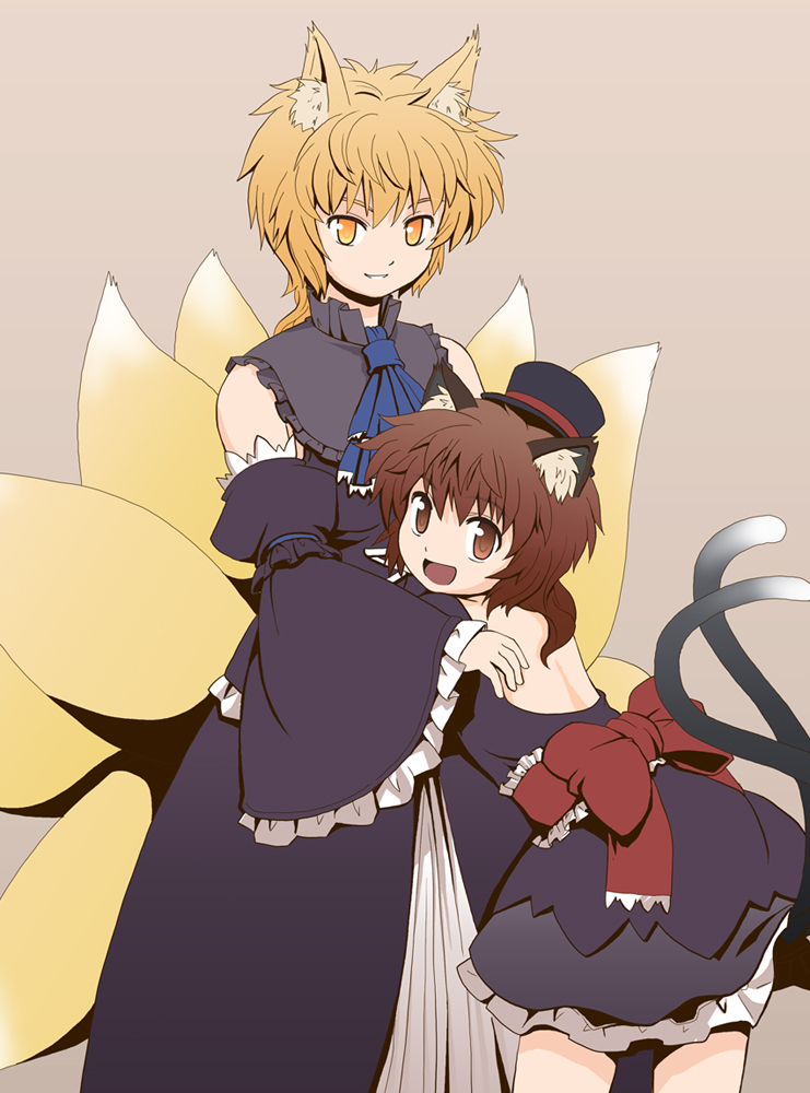 haniwa, haniwa (leaf garden), chen, yakumo ran, touhou, tan background, 2girls, alternate costume, animal ears, blonde hair, bow, brown eyes, brown hair, cat ears, cat girl, cat tail, detached sleeves, dress, earrings, female focus, fox ears, fox tail, frills, gothic lolita, hat, jewelry, lolita fashion, mini hat, mini top hat, multiple girls, multiple tails, no headwear, ribbon, short hair, tail, top hat, wide sleeves, yellow eyes