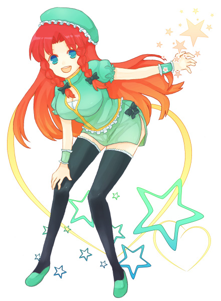 yuya (artist), yuya (oshidori), hong meiling, embodiment of scarlet devil, touhou, bad id, bad pixiv id, 1girl, blue eyes, braid, female focus, gradient hair, hat, long hair, multicolored hair, red hair, solo, star (symbol), thighhighs, twin braids, wrist cuffs