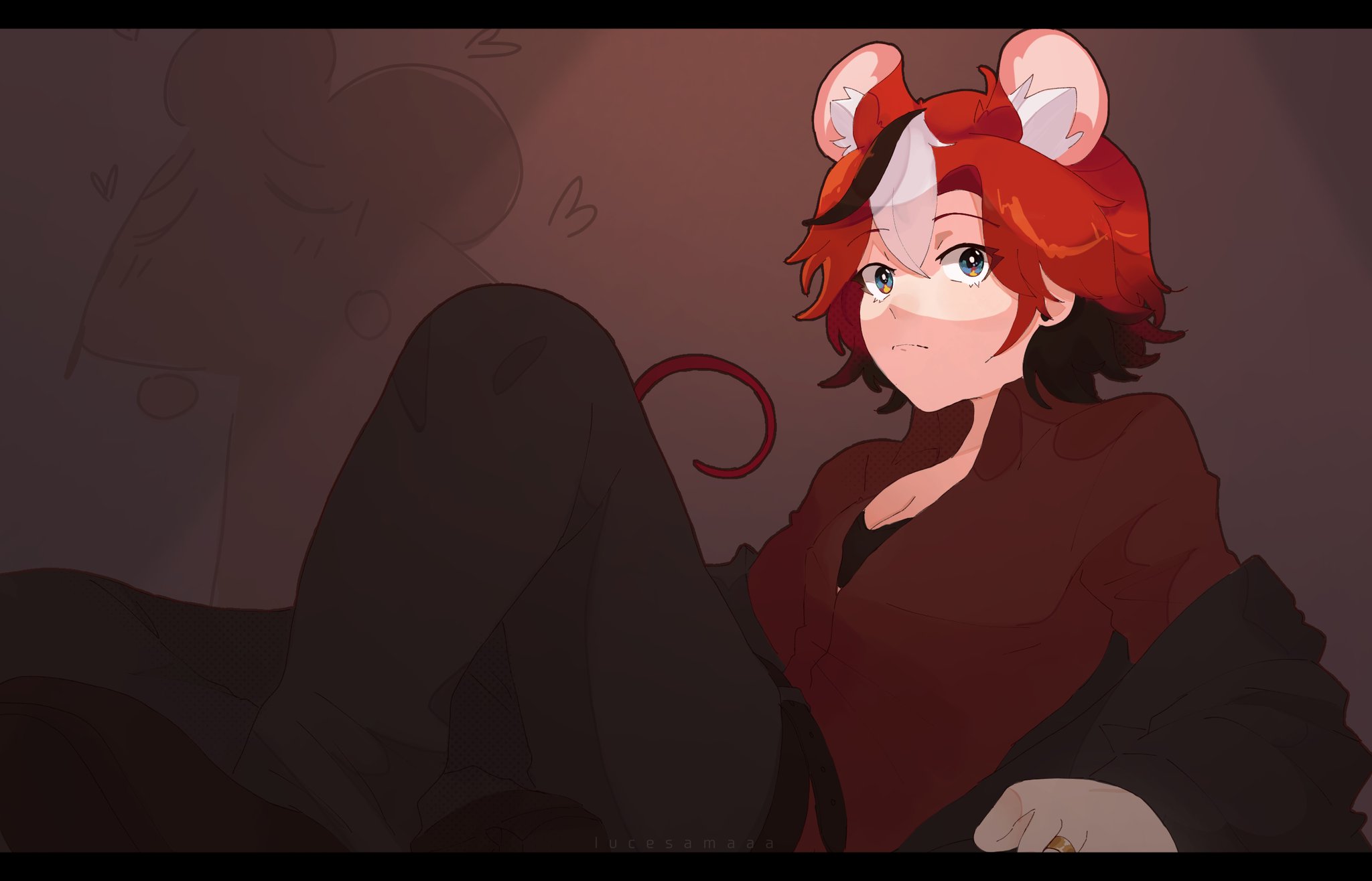 lucesamaaa, hakos baelz, hololive, hololive english, commentary, english commentary, highres, 1girl, alternate costume, alternate hair length, alternate hairstyle, animal ear fluff, animal ears, artist name, black bra, black hair, black shoes, bra, closed mouth, eighth note, eyelashes, gold ring, grey pants, heart, letterboxed, long sleeves, mouse (animal), mouse ears, mouse girl, mouse tail, multicolored hair, musical note, off shoulder, pants, red hair, red shirt, shirt, shoes, solo, tail, underwear, virtual youtuber, white hair