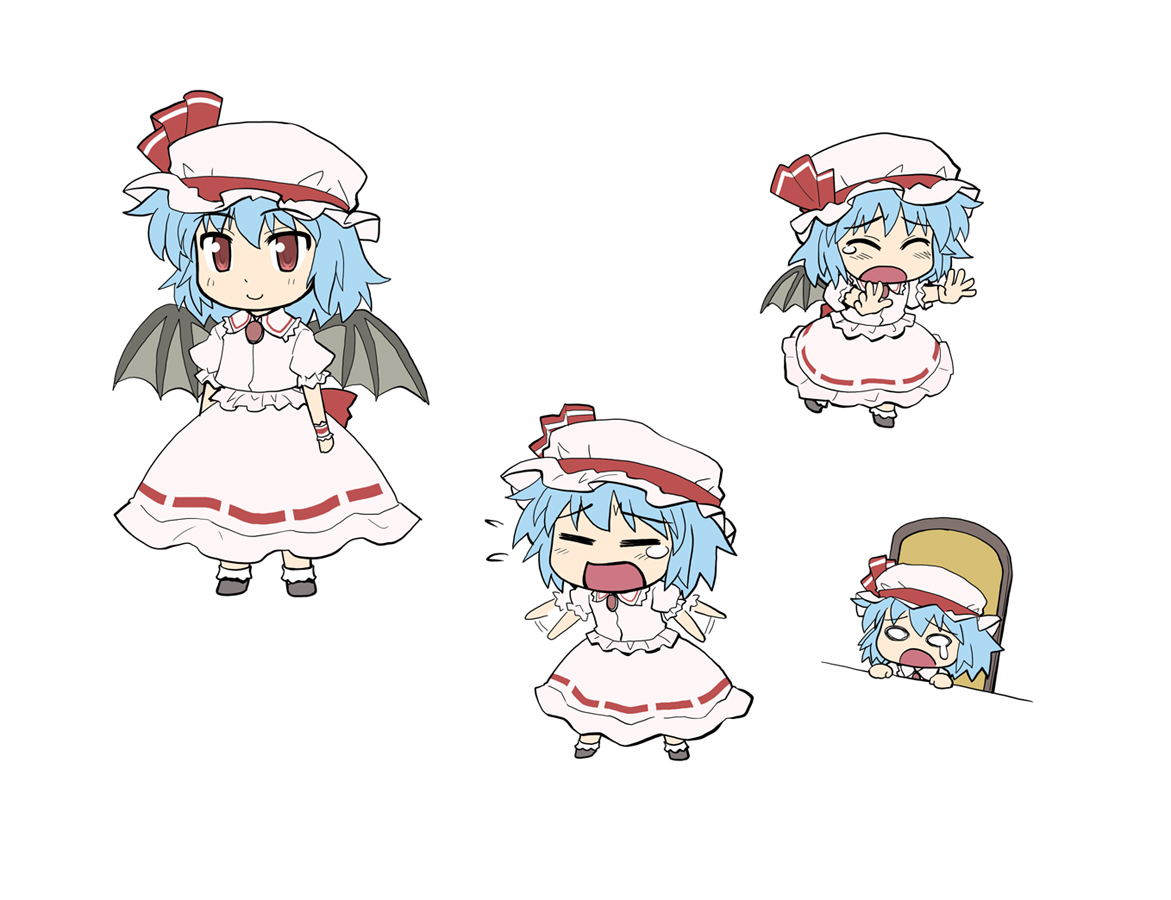 haniwa, haniwa (leaf garden), remilia scarlet, touhou, 1girl, bat wings, blue hair, chibi, female focus, hat, red eyes, short hair, tears, wings