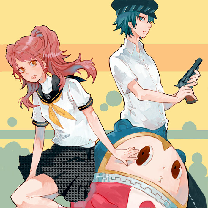 9 (saki-ooo-kiyu), kujikawa rise, kuma (persona 4), shirogane naoto, atlus, persona, persona 4, bad id, bad pixiv id, 1boy, 2girls, androgynous, gun, multiple girls, reverse trap, school uniform, serafuku, weapon