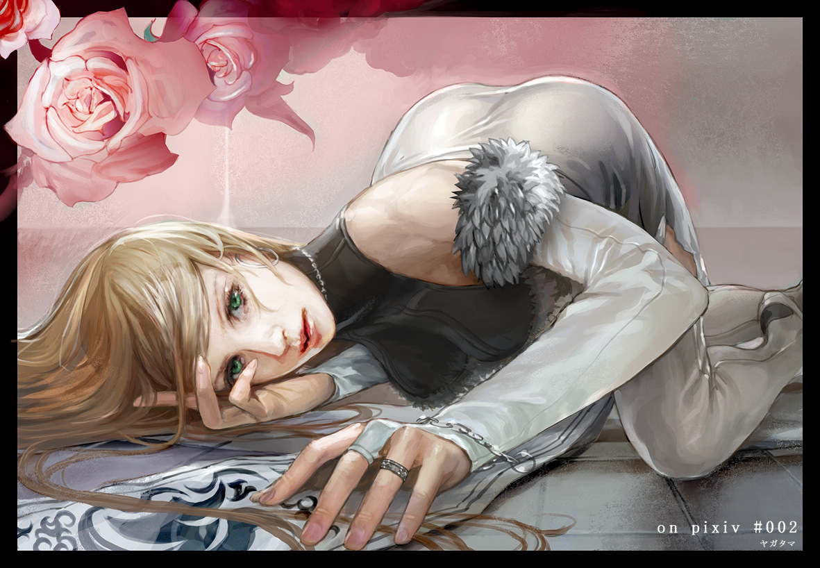 jasmine t, bare shoulders, blonde hair, bridal gauntlets, flower, green eyes, jewelry, ring, skirt, solo, thighhighs