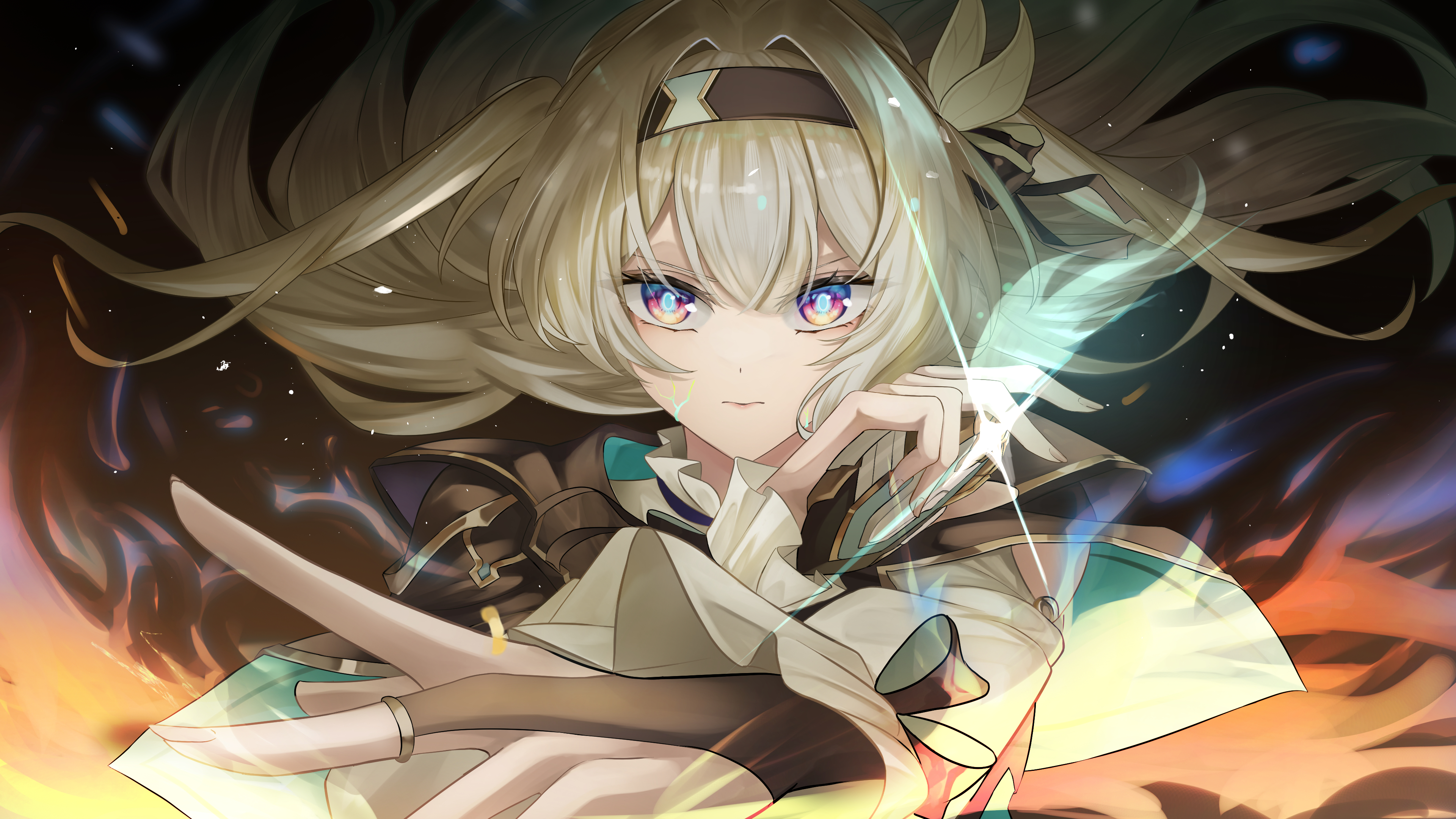 dekhudwad, firefly (honkai: star rail), honkai: star rail, honkai (series), absurdres, commentary request, highres, 1girl, black hairband, black jacket, bridal gauntlets, grey hair, hair between eyes, hair ornament, hairband, jacket, long hair, long sleeves, looking at viewer, pink eyes, solo