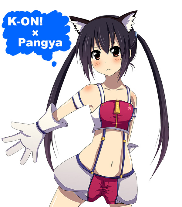 hirano yui, kooh (pangya), nakano azusa, pipin, k-on!, pangya, bad id, bad pixiv id, 1girl, animal ears, black hair, brown eyes, cat ears, cat girl, cosplay, female focus, gloves, kooh (cosplay), pipin (cosplay), solo, twintails, white background