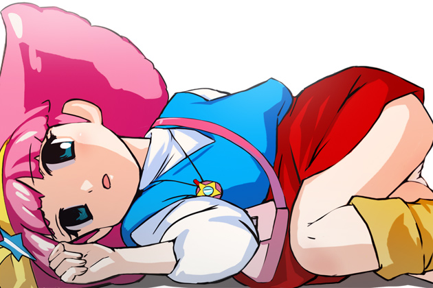 haruyama kazunori, minky momo, mahou no princess minky momo, 1girl, female focus, green eyes, hairband, headband, loli, lying, panties, pantyshot, pink hair, red skirt, skirt, solo, sweater vest, underwear, upskirt, vest, white panties