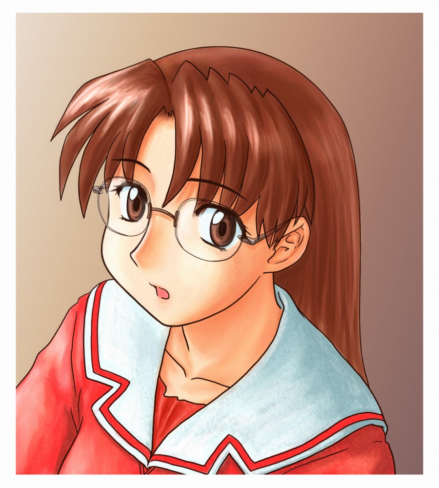 chunpai, mizuhara koyomi, azumanga daiou, brown eyes, brown hair, glasses, long hair, school uniform, serafuku, solo
