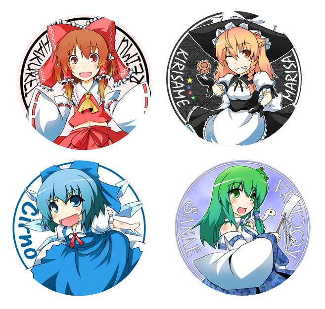 kinsenka, cirno, hakurei reimu, kirisame marisa, kochiya sanae, touhou, bad id, bad pixiv id, 4girls, :d, ;d, ascot, bare shoulders, blonde hair, blue eyes, blue hair, blush, brown hair, detached sleeves, green hair, grin, hat, long sleeves, multiple girls, one eye closed, open mouth, outstretched arms, short hair, simple background, smile, teeth, vest, white background, witch hat