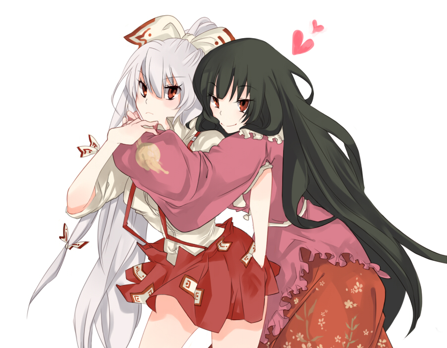 seu (artist), fujiwara no mokou, houraisan kaguya, team shanghai alice, touhou, silver hair, bad id, bad pixiv id, 2girls, black hair, female focus, hair ribbon, long hair, multiple girls, red eyes, ribbon, skirt, suspenders
