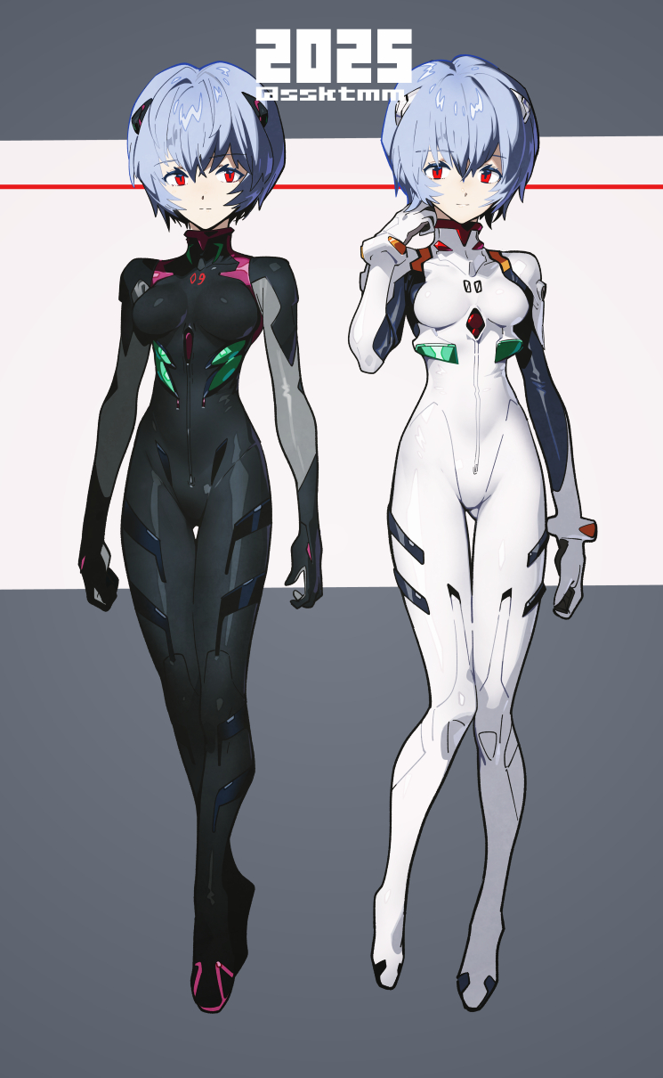sasaki tomomi, ayanami rei, neon genesis evangelion, highres, 1girl, 2025, black bodysuit, blue hair, bodysuit, border, breasts, closed mouth, floating, full body, grey border, hair between eyes, hand in own hair, headgear, looking at viewer, mecha pilot suit, medium breasts, multiple views, plugsuit (evangelion), red eyes, short hair, twitter username, white background, white bodysuit