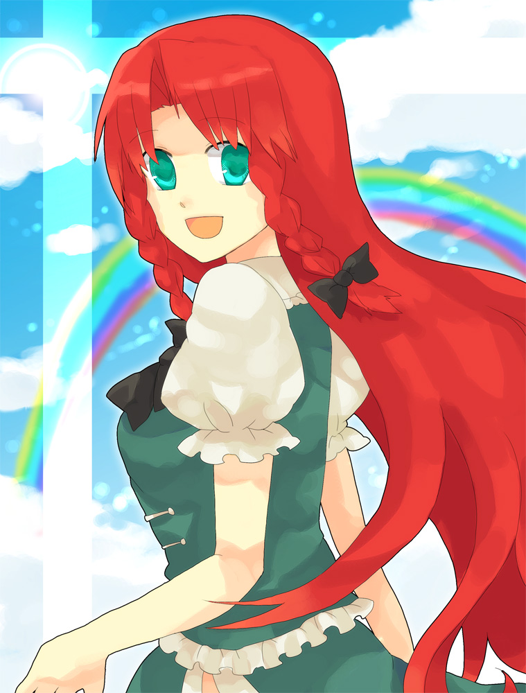 yuya (artist), yuya (oshidori), hong meiling, embodiment of scarlet devil, touhou, bad id, bad pixiv id, 1girl, blue eyes, braid, china dress, chinese clothes, dress, female focus, long hair, rainbow, red hair, solo, twin braids